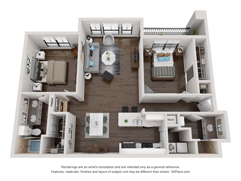 Floor plan for 2 beds, 2 baths, 1192 sqft